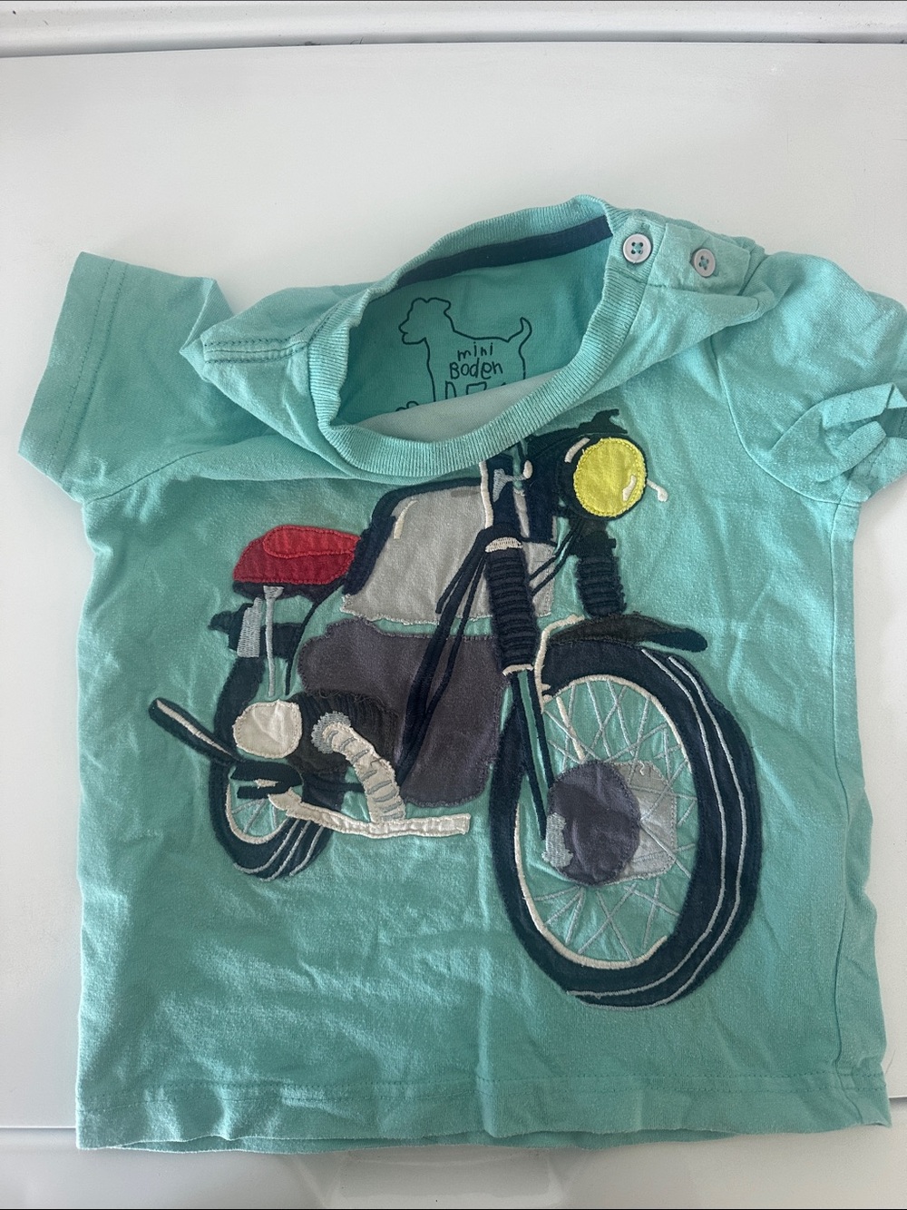 Mini Boden teal short-sleeve tee with motorcycle applique
